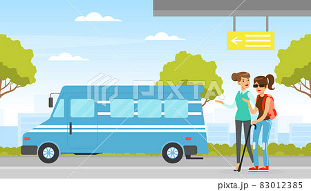 Young Blind Woman with Stick Walking Along the Street Having Volunteer Support Vector Illustration 83012385