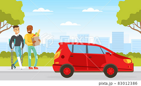 Smiling Man with Injured Leg Walking with Crutches with Friend Carrying Shopping Bag Vector Illustration 83012386