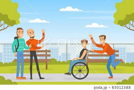 Disabled Man on Wheelchair Meeting Friends in the Park Greeting Vector Illustration 83012388