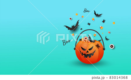 Jack o lantern. Happy Halloween template poster with orange trick or treat pumpkin and color candy, bats, spider and creative hand draw text on orange background. Jack o lantern. Happy Halloween template poster with orange trick or treat pumpkin and color candy, bats, spider and creative hand draw text on orange background. 83014368