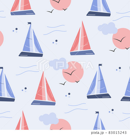 Sailboat, sun and seagull seamless pattern on blue 83015243