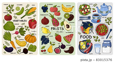 Food, vegetables and fruits. Drawings for poster, card or background. Vegetarian diet food with vitamins. Vector illustration EPS10 Food, vegetables and fruits. Drawings for poster, card or background. Vegetarian diet food with vitamins. Vector illustration EPS10 83015376