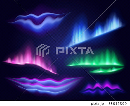 Bright colorful aurora borealis abstract set on dark transparent background realistic. Abstract glowing wavy effect. Polar night sky landscape 83015399