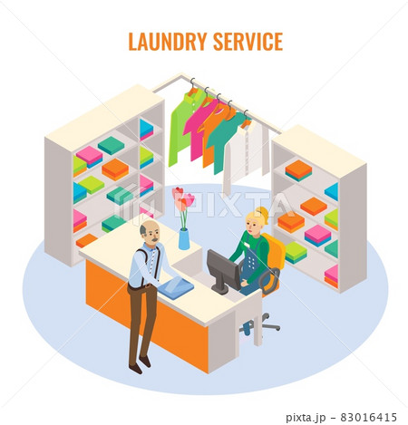 Laundry reception interior with receptionist and customer characters, vector isometric illustration. Laundry service. Laundry reception interior with receptionist and customer characters, vector isometric illustration. Laundry service. 83016415