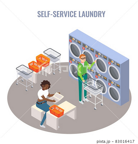 People using laundromat for washing and drying their clothes, flat vector isometric illustration. Self service laundry. 83016417