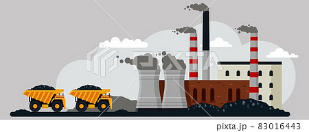 Dump trucks transporting coal to mining and processing plant. Mining industry, flat vector illustration. 83016443