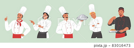 Restaurant chef cartoon character set showing different hand gestures expressing emotions, vector isolated illustration. 83016473