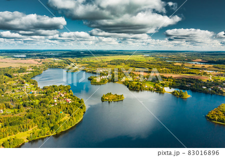 Lyepyel District, Vitebsk Region, Belarus. Aerial View Of Lepel Lake With Natural Small Islands 83016896