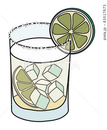 Tommy's Margarita classic New Era cocktail in tumbler glass. Tequila based drink garnished slice of lime and salty rim. Stylish doodle cartoon vector illustration good for cards, menu decoration 83017673