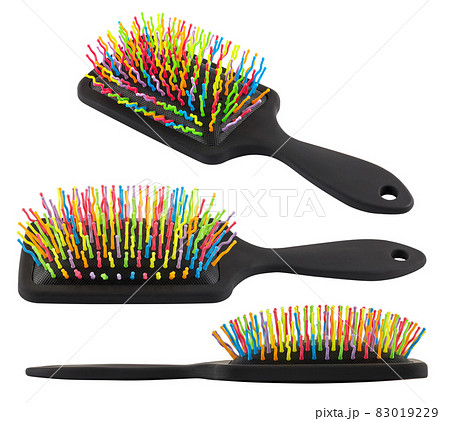 set of different views on new rainbow colorful pastic hair brush isolated on white background 83019229