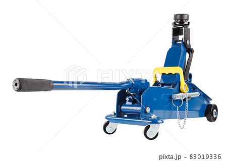 blue hydraulic car jack isolated on white background, rised up 83019336