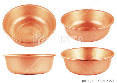 set of different views of used bare copper made empty basin isolated on white background 83019357