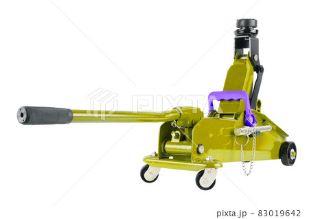 yellow hydraulic car jack isolated on white background, lifted up yellow hydraulic car jack isolated on white background, lifted up 83019642