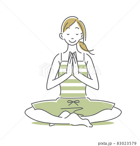 リラックスした表情で瞑想をする女性 シンプルでお洒落な線画イラストのイラスト素材