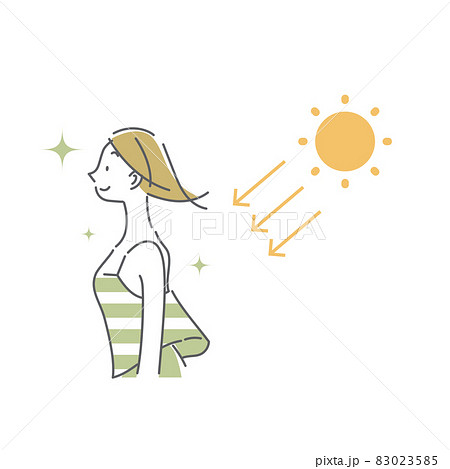 背中に太陽の光を浴びる女性 シンプルでお洒落な線画イラストのイラスト素材