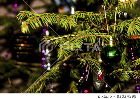 Christmas toys against the background of green branches and lights 83024599