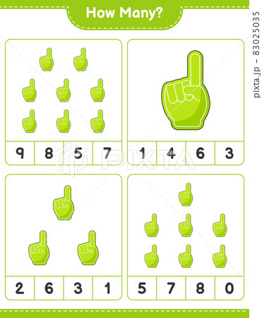 Counting game, how many Foam Finger. Educational children game, printable worksheet, vector illustration 83025035