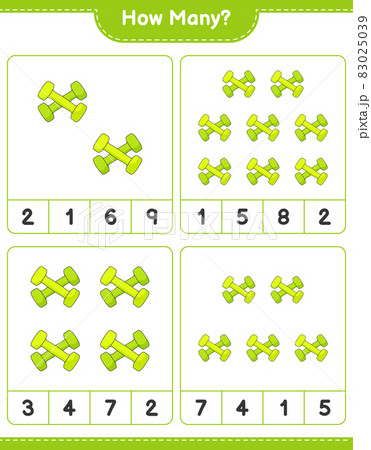 Counting game, how many Dumbbell. Educational children game, printable worksheet, vector illustration Counting game, how many Dumbbell. Educational children game, printable worksheet, vector illustration 83025039