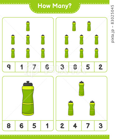 Counting game, how many Sport Water Bottle. Educational children game, printable worksheet, vector illustration Counting game, how many Sport Water Bottle. Educational children game, printable worksheet, vector illustration 83025045