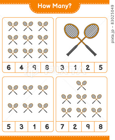 Counting game, how many Badminton Rackets. Educational children game, printable worksheet, vector illustration 83025049