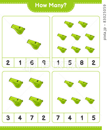 Counting game, how many Whistle. Educational children game, printable worksheet, vector illustration Counting game, how many Whistle. Educational children game, printable worksheet, vector illustration 83025059