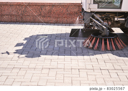 Street cleaner. Sweeper truck machine. Compact technology worker. City hygiene Street cleaner. Sweeper truck machine. Compact technology worker. City hygiene 83025567