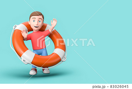 Young 3D Cartoon Character with Lifebelt on Blue Background with Copy Space 83026045