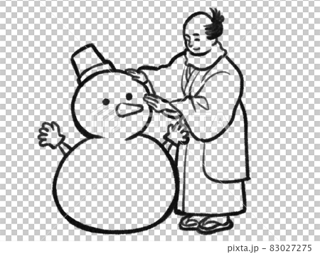 Illustration of a person making a snowman with a Japanese painting touch 83027275