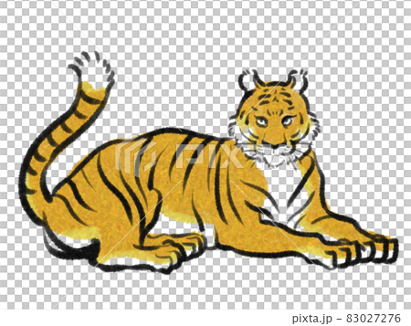 Illustration of a tiger lying next to a Japanese painting touch Illustration of a tiger lying next to a Japanese painting touch 83027276