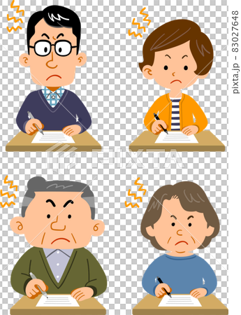 A set of young men and women and senior men and women filling out documents with a frustrated look A set of young men and women and senior men and women filling out documents with a frustrated look 83027648