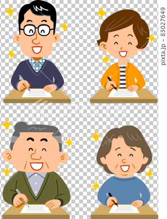 A set of young men and women and senior men and women filling out documents with a refreshing smile A set of young men and women and senior men and women filling out documents with a refreshing smile 83027649