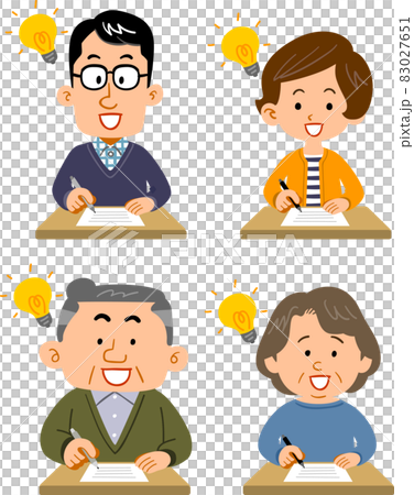 A set of young men and women and senior men and women who fill out documents with a noticed expression A set of young men and women and senior men and women who fill out documents with a noticed expression 83027651