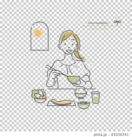 栄養バランスのとれた朝食（和食）を食べるポジティブな女性　シンプルでお洒落な線画イラスト 83030341