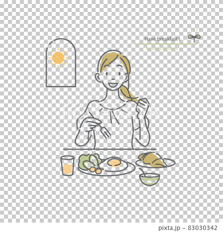 栄養バランスのとれた朝食を食べるポジティブな女性　シンプルでお洒落な線画イラスト 83030342