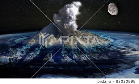 Rise in sea level, flooding of most of the land. Remaining volcano erupts against the sea and starry sky with the moon. Concept of global climat change. Elements of this image furnished by NASA. 83030999
