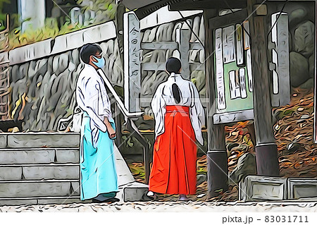 パステル調　”境内の禰宜と巫女さん”　イラストイメージ　　 83031711