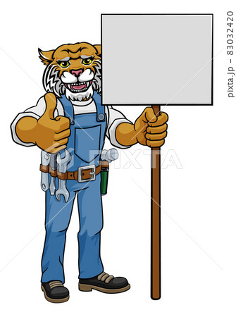 Wildcat Cartoon Mascot Handyman Holding Sign 83032420