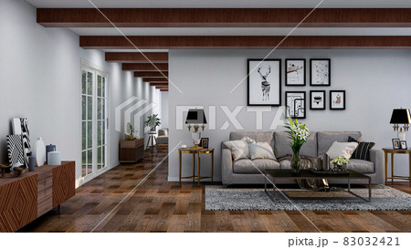 Luxury living room, photorealistic 3D Illustration of the interior, suitable for using in video conference and as a virtual background. 83032421