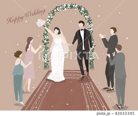 新郎新婦と参列者 拍手 フラワーシャワー ウエディング 結婚式 Happy Wedding のイラスト素材