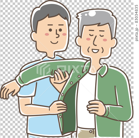 Half-body male care worker helping elderly people change clothes 83034835