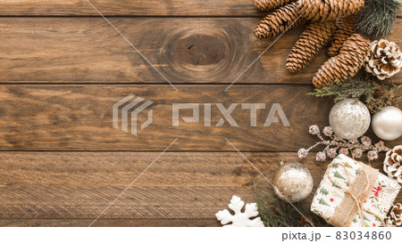 gift box with shiny baubles cones. High quality and resolution beautiful photo concept gift box with shiny baubles cones. High quality and resolution beautiful photo concept 83034860
