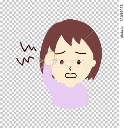 Illustration of a girl holding her forehead with a headache 83034988