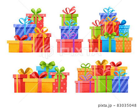 Set of gifts boxes isolated on white. Watercolor christmas and new year set with gift boxes. Set of gifts boxes isolated on white. Watercolor christmas and new year set with gift boxes. 83035048