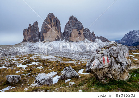 View of famous Tre Cime peaks in Tre Cime di Lavaredo National Park, Dolomiti Alps, South Tyrol, Italy View of famous Tre Cime peaks in Tre Cime di Lavaredo National Park, Dolomiti Alps, South Tyrol, Italy 83035503