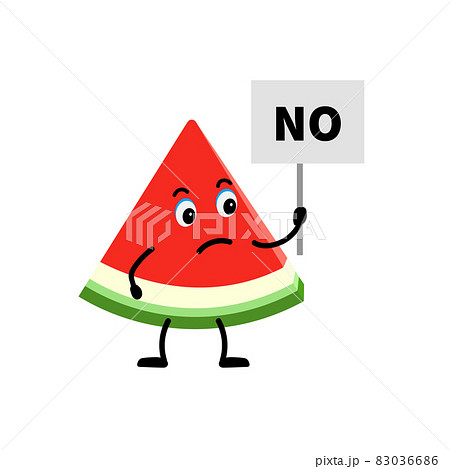 Cartoon character watermelon, holding a sign with the word NO. 83036686