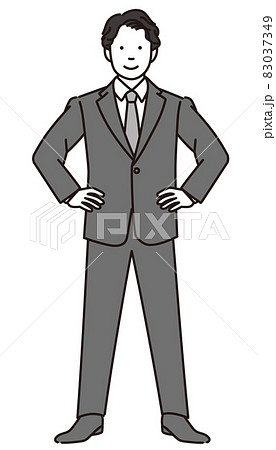 仁王立ちするビジネスマンの全身のモノクロイラスト 83037349