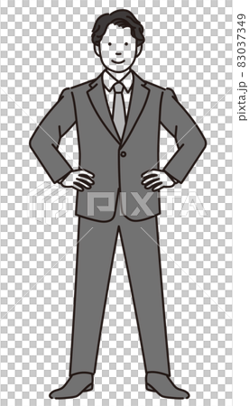 仁王立ちするビジネスマンの全身のモノクロイラスト 83037349