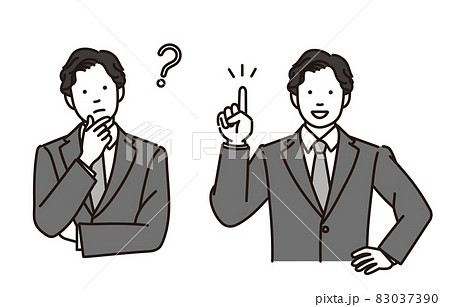 考えているまたは笑顔で説明をするビジネスマンのモノクロイラスト 2ポーズセットのイラスト素材