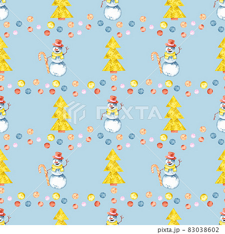 Watercolor pattern with a snowman, a Christmas tree, balloons on a blue background 83038602