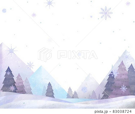 北欧風オシャレな山のある水彩画 冬の木々と雪の結晶のベクター白バックフレームイラスト素材のイラスト素材